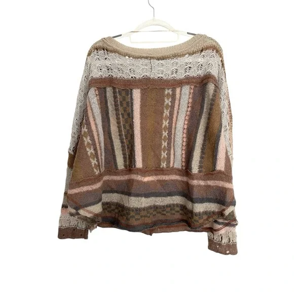 Free People December Skies Alpaca Wool Poncho Sweater Patchwork Boho Sz M Aztec - Picture 16 of 16